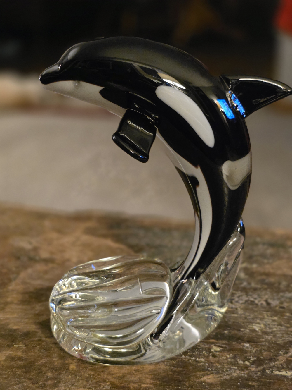 Dynasty Gallery Black and White Glass Dolphin Sculpture - Elegant Glass Art